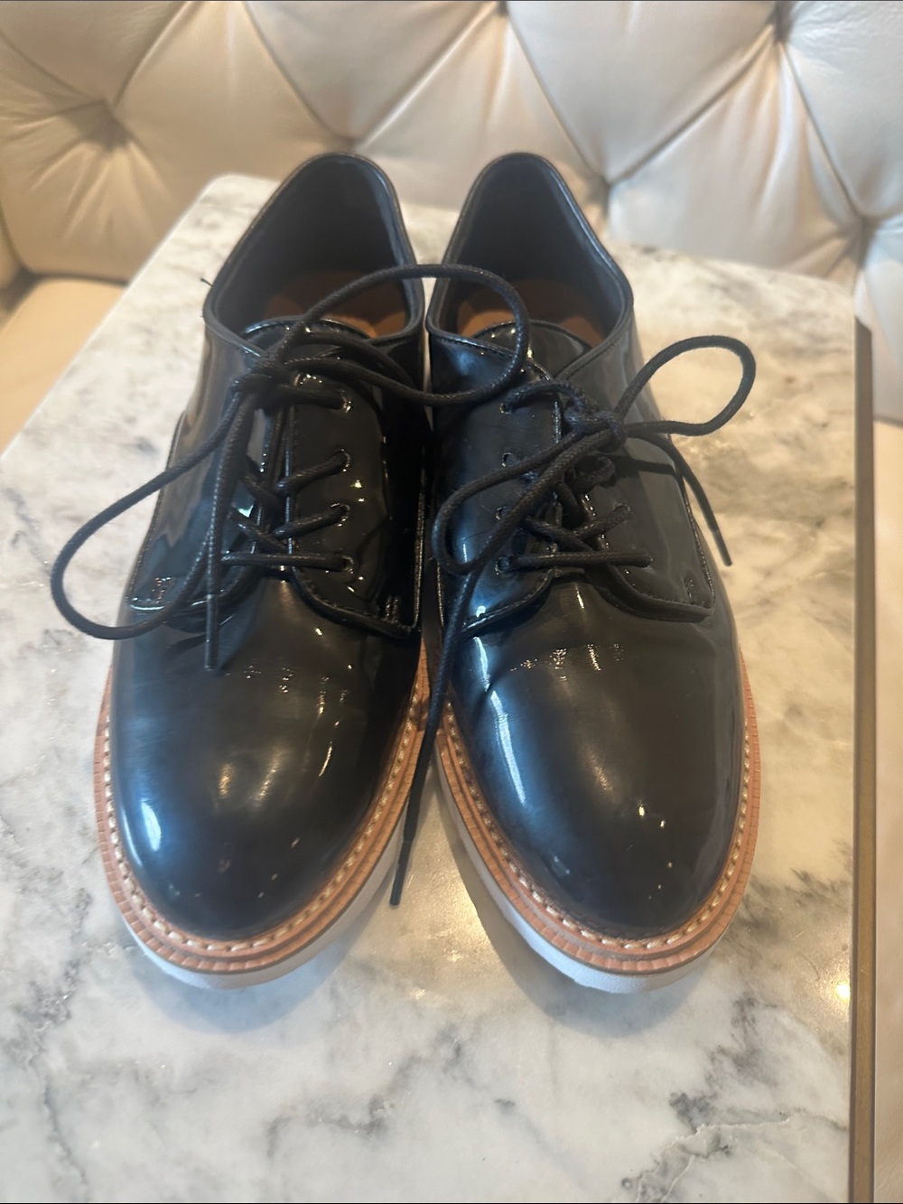a new day Black Patent Lace-Up Derby Shoes with Tan Trim